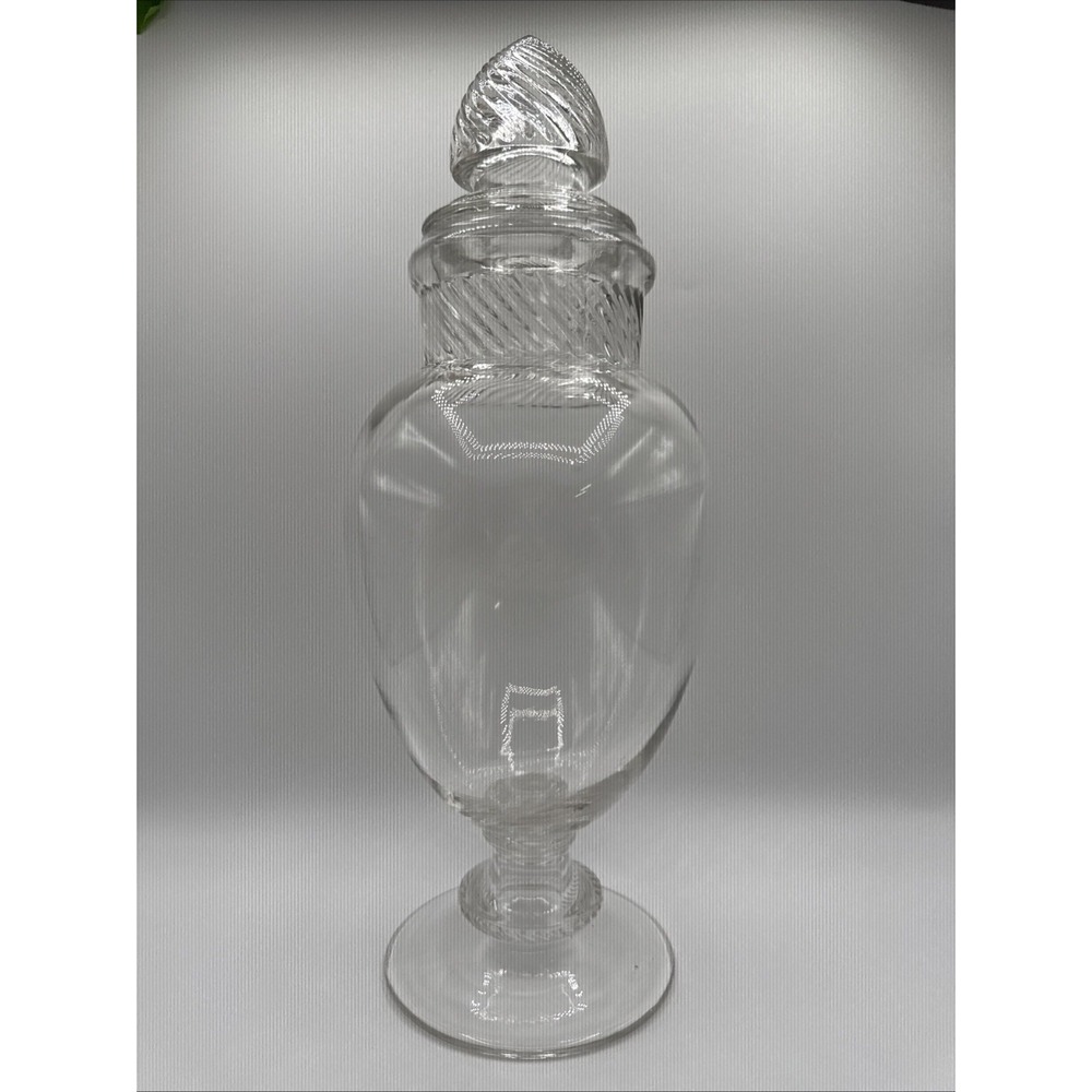 Vintage Clear Glass Apothecary Jar Footed 15" Swirl Stopper Drug Store Display